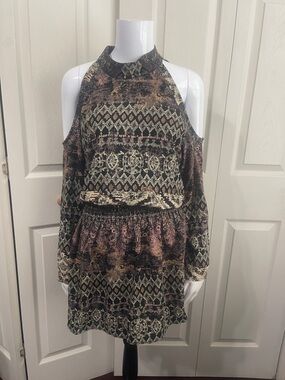 Veronica M. Cold-Shoulder Patterned Smocked Mini Dress.  #0524